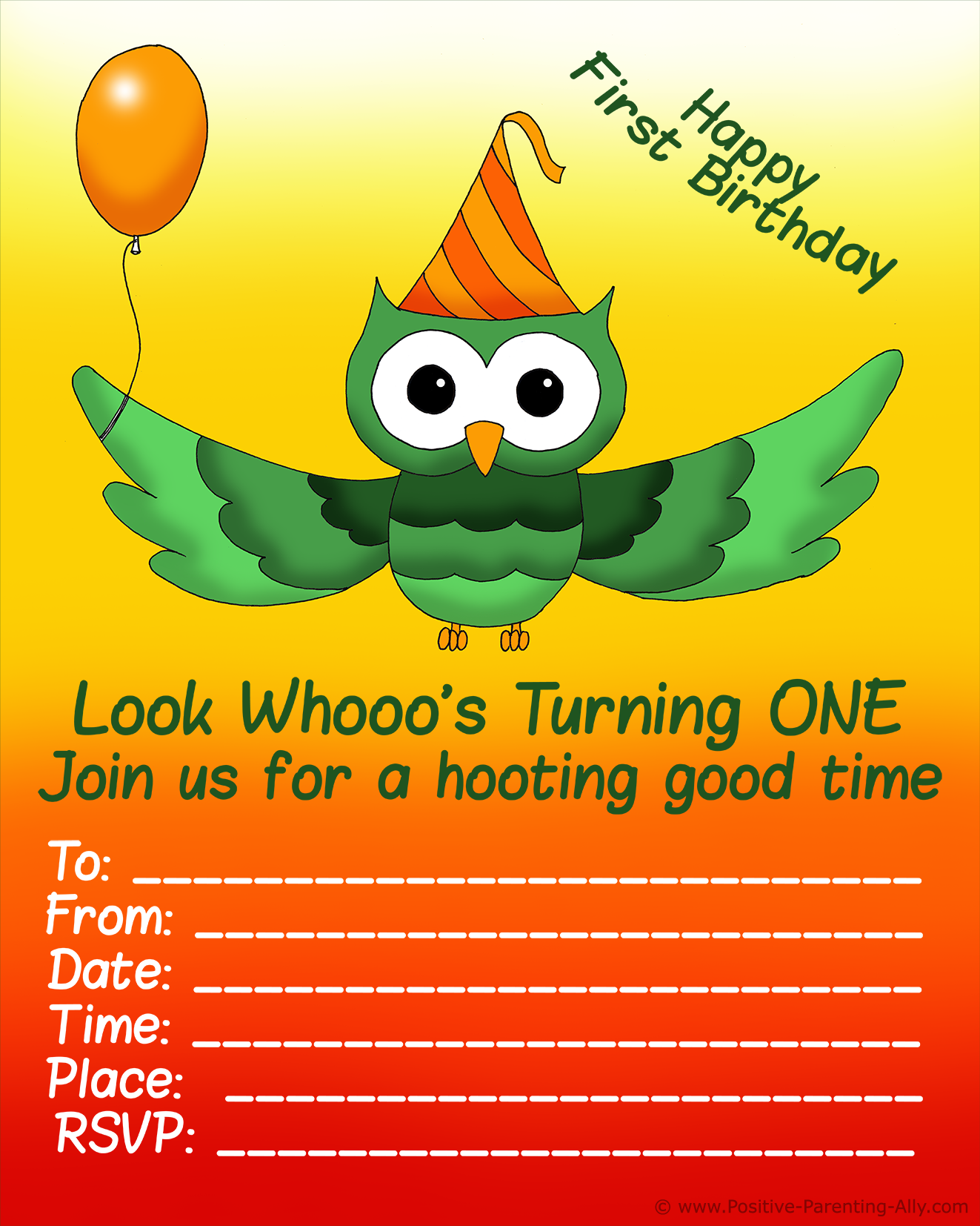 Fun baby birthday party invitation with hooting owl and balloon.