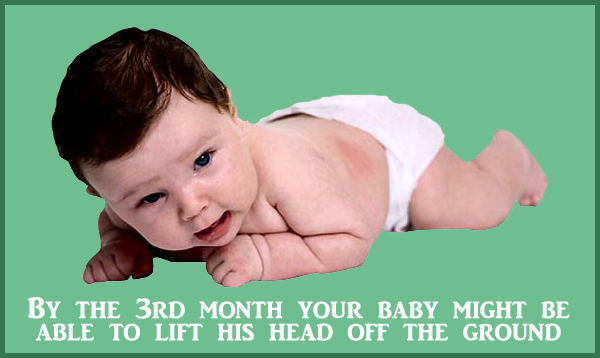 Physical milestone of the 3rd month: Baby with lots of dark hear on his belly lifting his head.