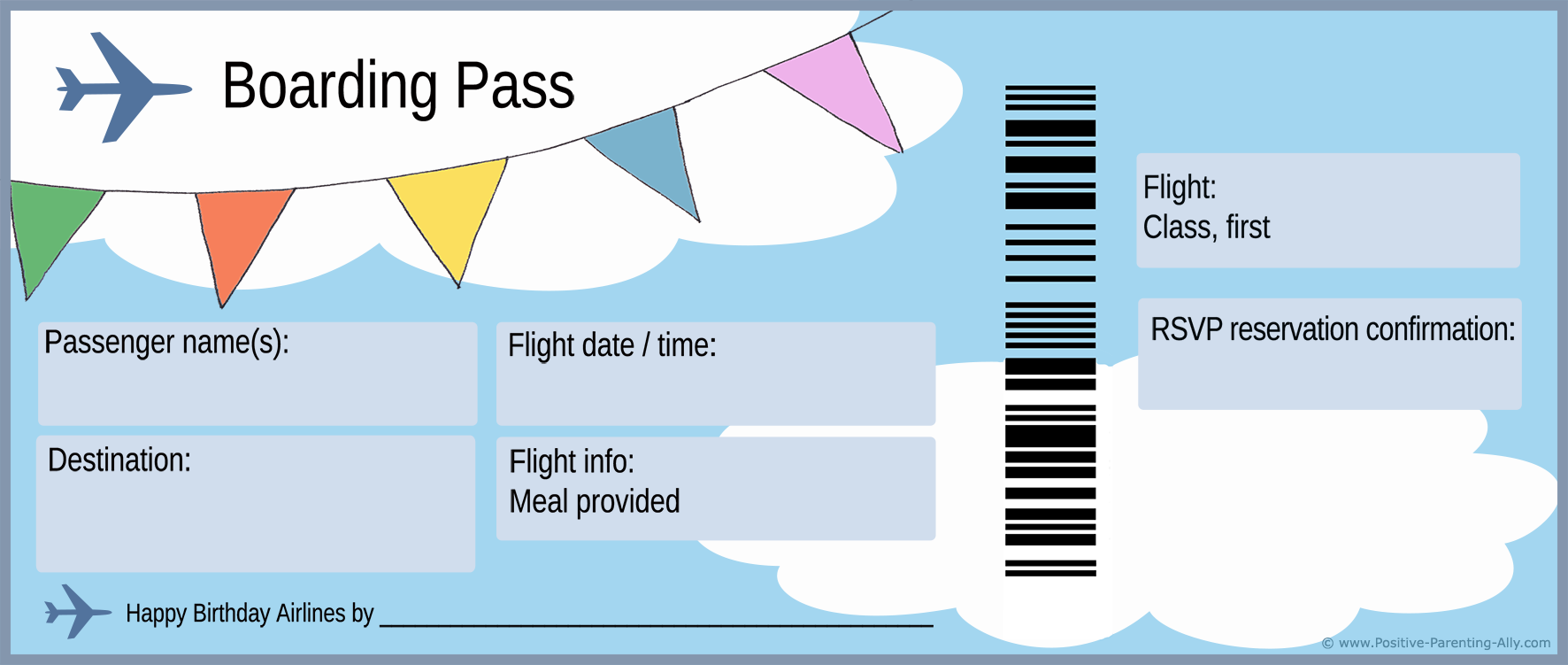 Plane ticket and boarding pass for first birthday party invitation.