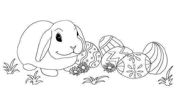 Cute Easter rabbit with many Easter eggs. Coloring page for kids. 