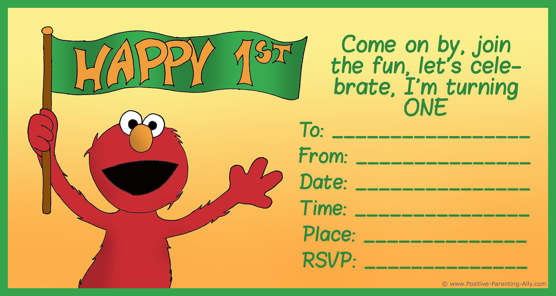 Elmo from Sesame Street on first birthday invitation.