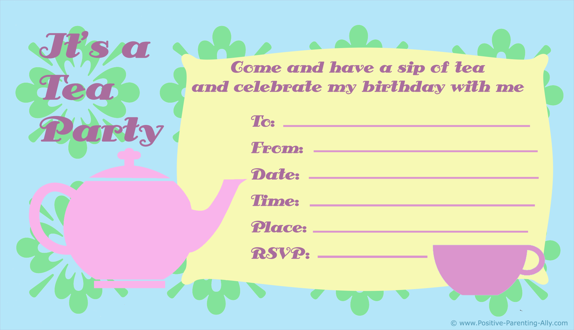 Pretty tea party birthday invitation to print.