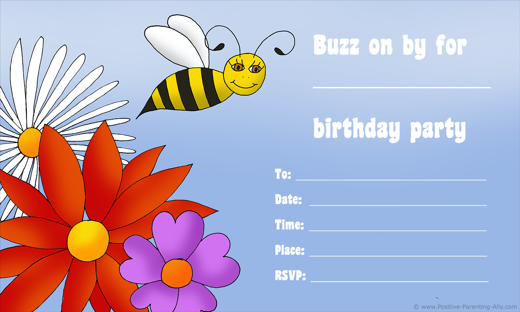 Free kids birthday invitations: Flowers and bees as kids birthday theme for invites.