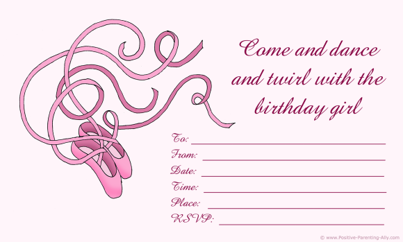 Cute free birthday invitations for girls with pink ballerina ballet shoes.