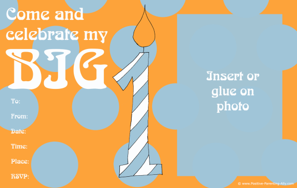 Modern retro theme on 1st birthday invitation - printable and personalized, just glue on photo.