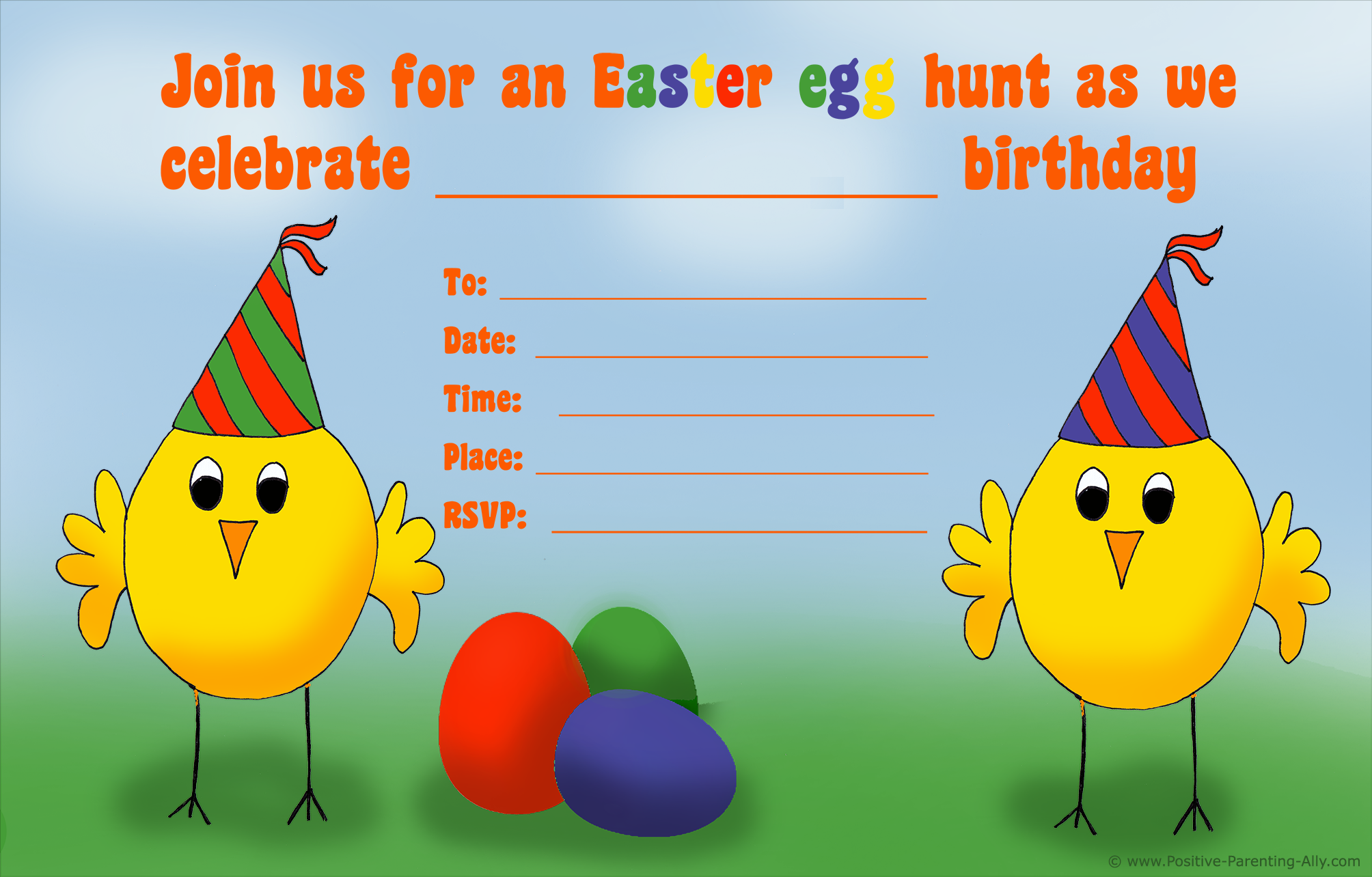 Easter egg hunt birthday invitation with chickens.