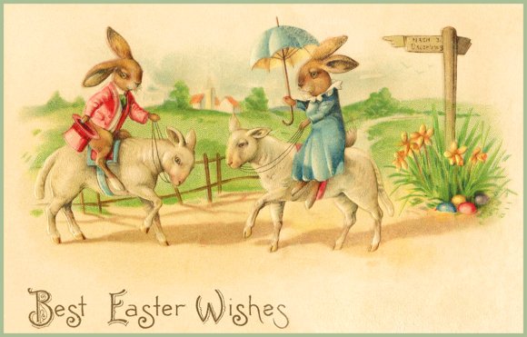 Old vintage Easter card to print. Bunnies riding lambs.