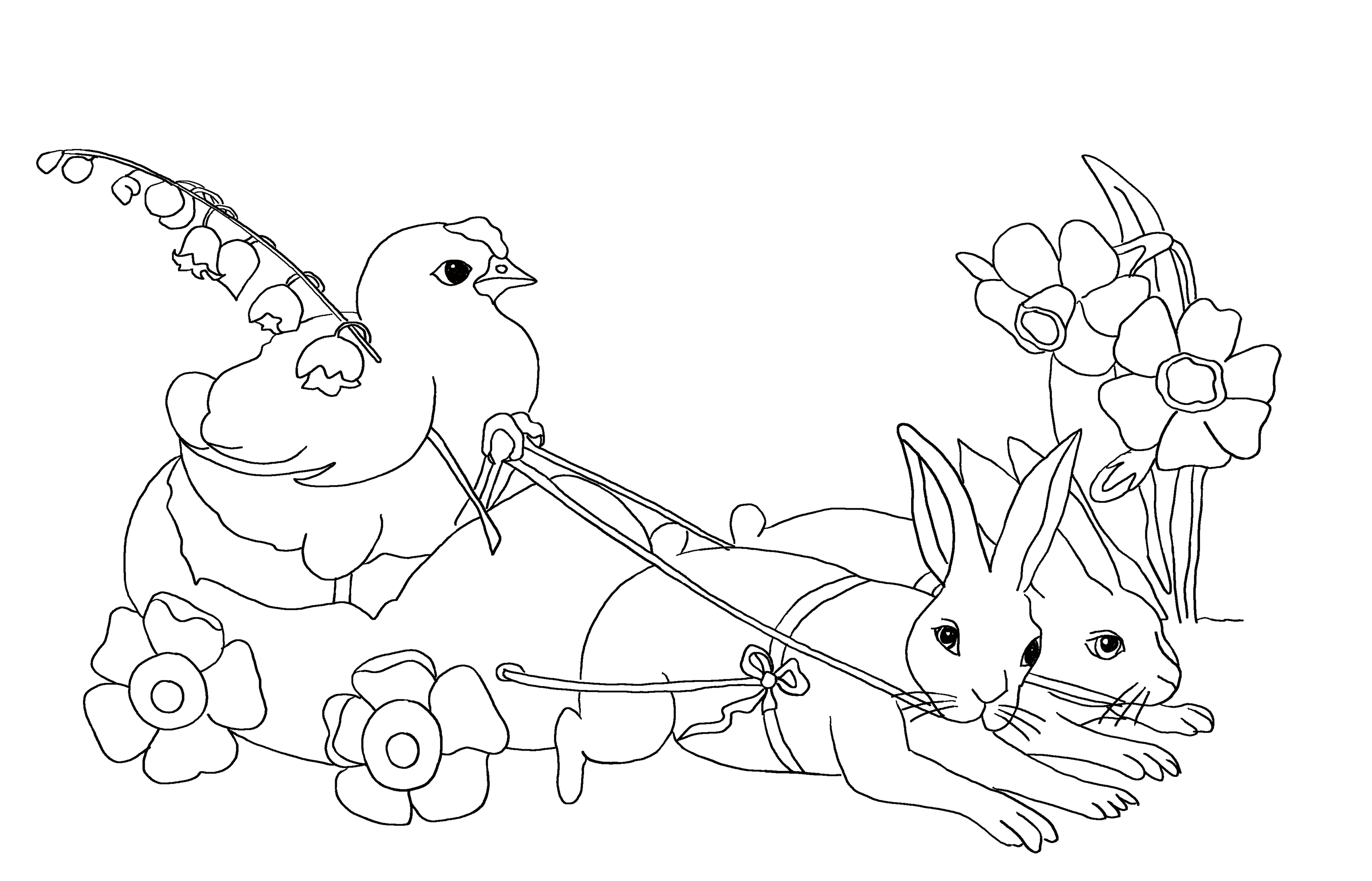 Coloring page for Easter: Two hares pulling a cart with a mother hen. 