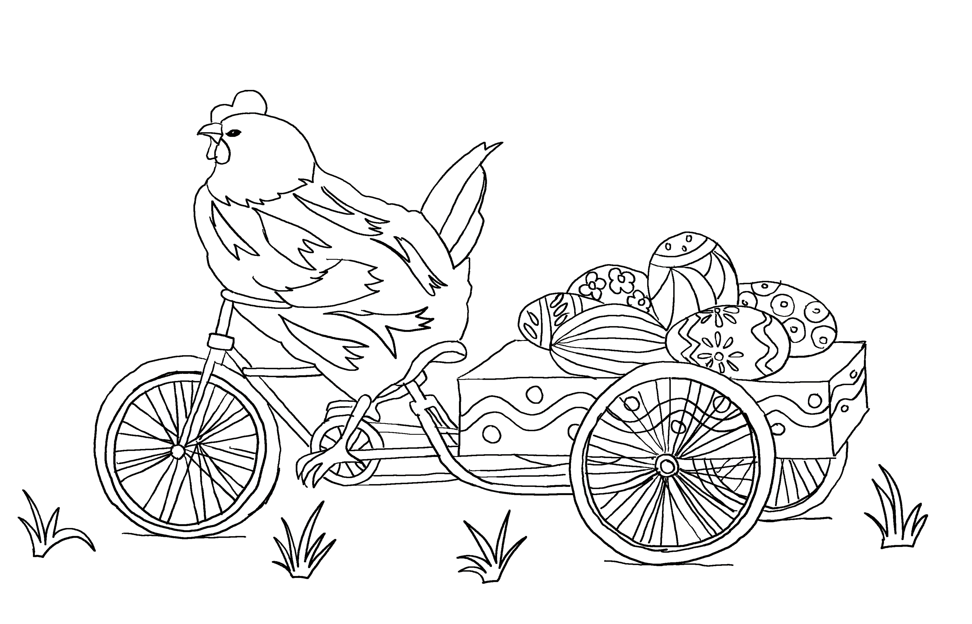 Mother hen on a bicycle with Easter eggs. Coloring page for kids. 
