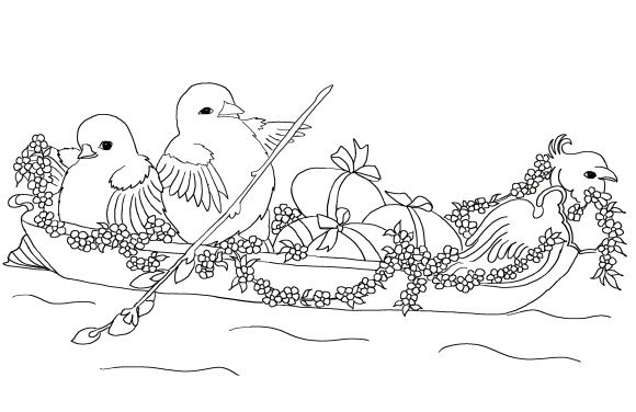 Easter coloring page for kids with two chickens in a gondola.