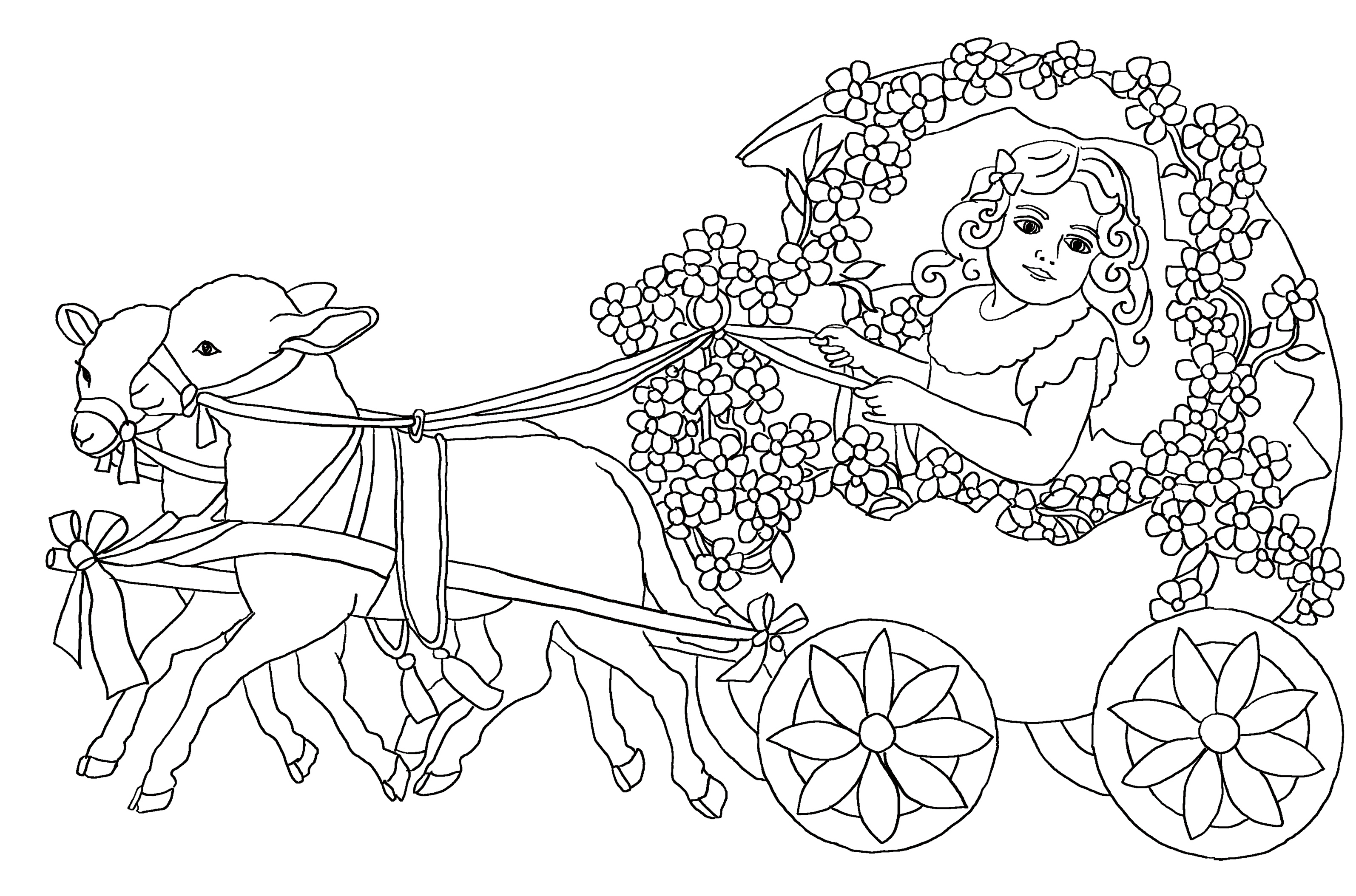 Two cute lambs pulling an egg cart with little girl. Cute Easter coloring page. 