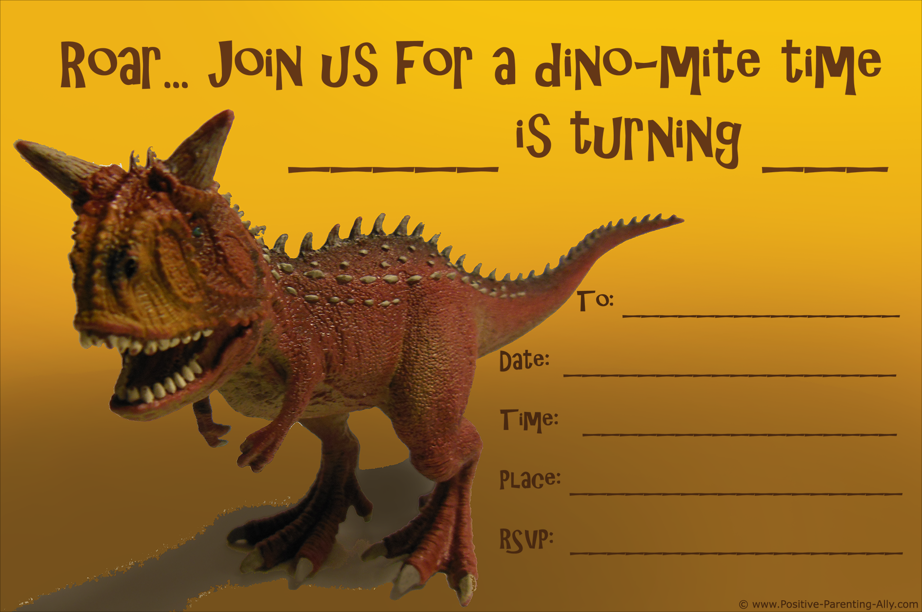 Printable dinosaur birthday invitations to print: a carnotaurus.