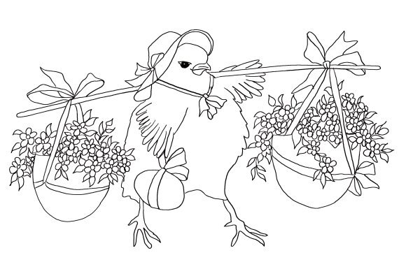Easter chicken with two big pots of flowers. Coloring page for kids. 