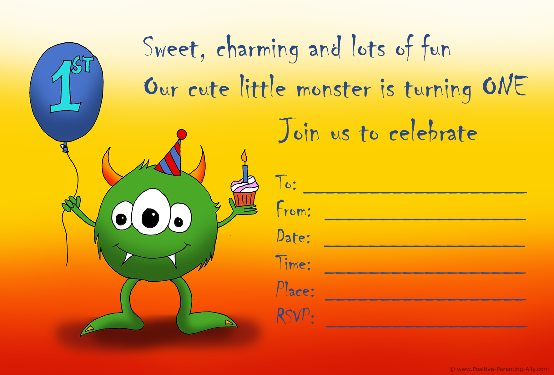 Cute monster birthday invitation to print. Celebrating the first birthday.