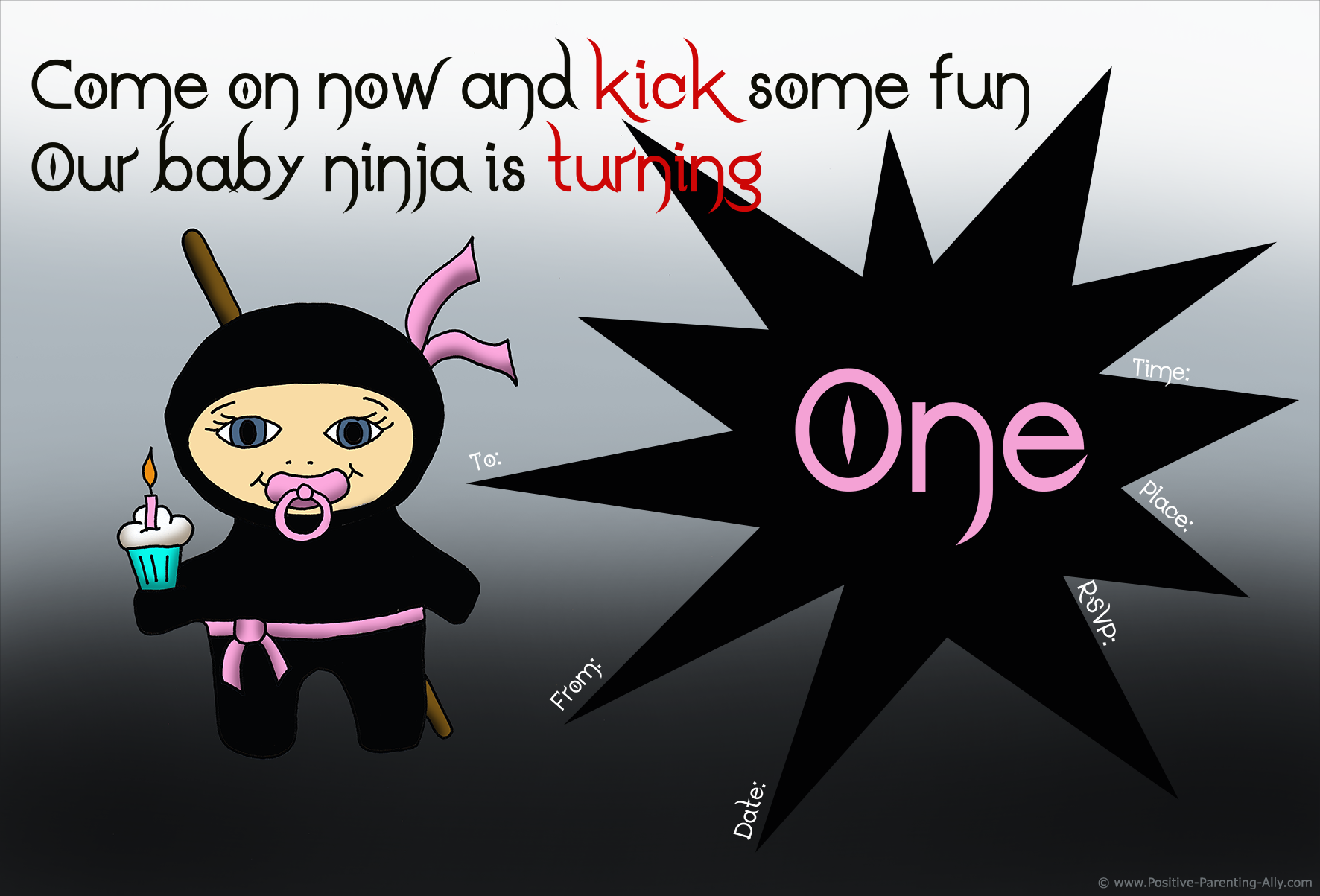 Pink and black ninja girl on first birthday invitation.