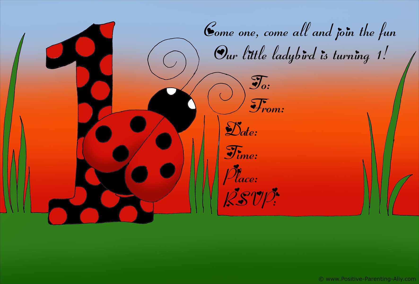 Sweet ladybird or ladybug birthday invitation to print.