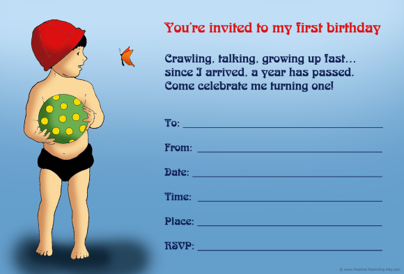 Summer theme for first birthday invites. Little boy ready to go swimming.