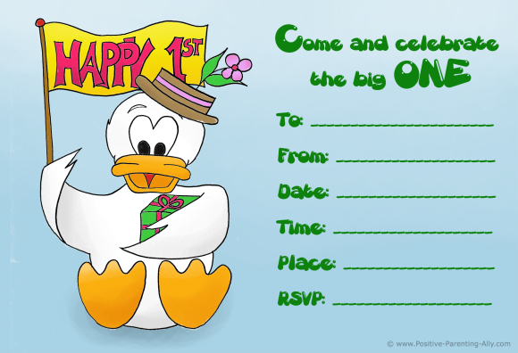 Cute kids birthday invite with a duckling holding a birthday flag and a present.