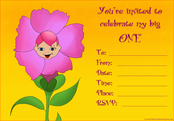 Printable 1st birthday invitation for girls to print featuring a cute little baby as a flower.
