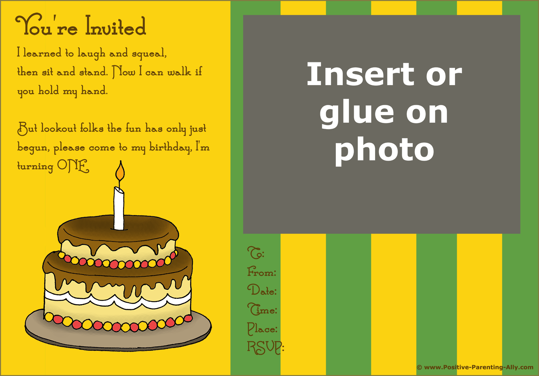 Modern retro first birthday invitation: birthday cake with one candle.
