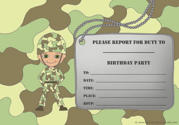 Printable and free birthday invitations: Cute little army soldier birthday invitation with camouflage theme and army tag.