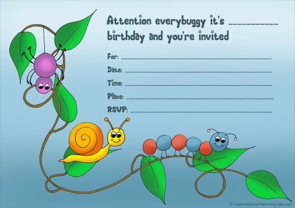 Cute birthday party invitation for kids with bugs.