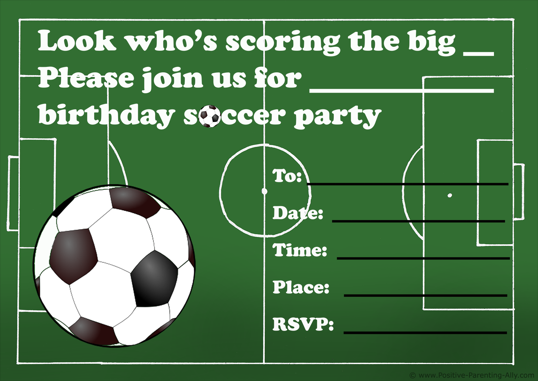 Printable sports birthday invitations: Soccer football birthday invitation.