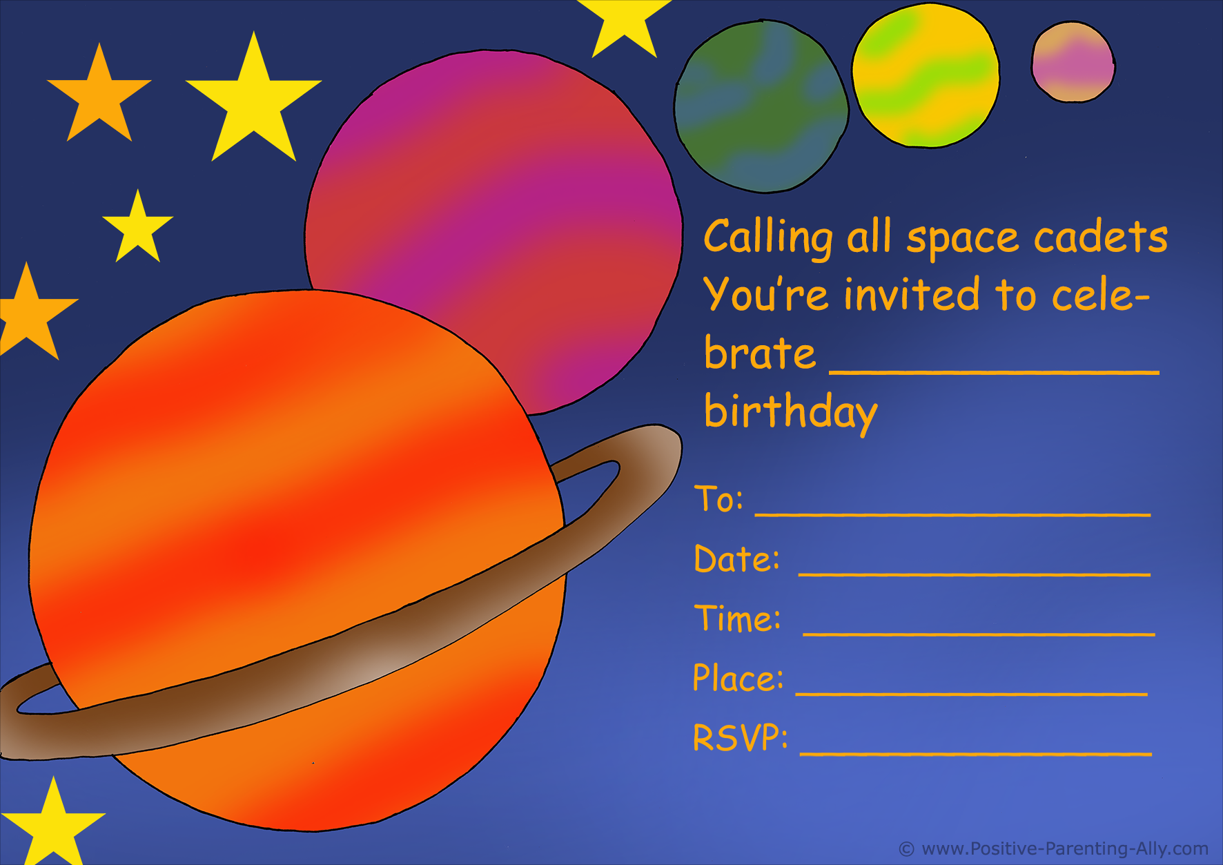 Space and planets birthday party invitation to print.