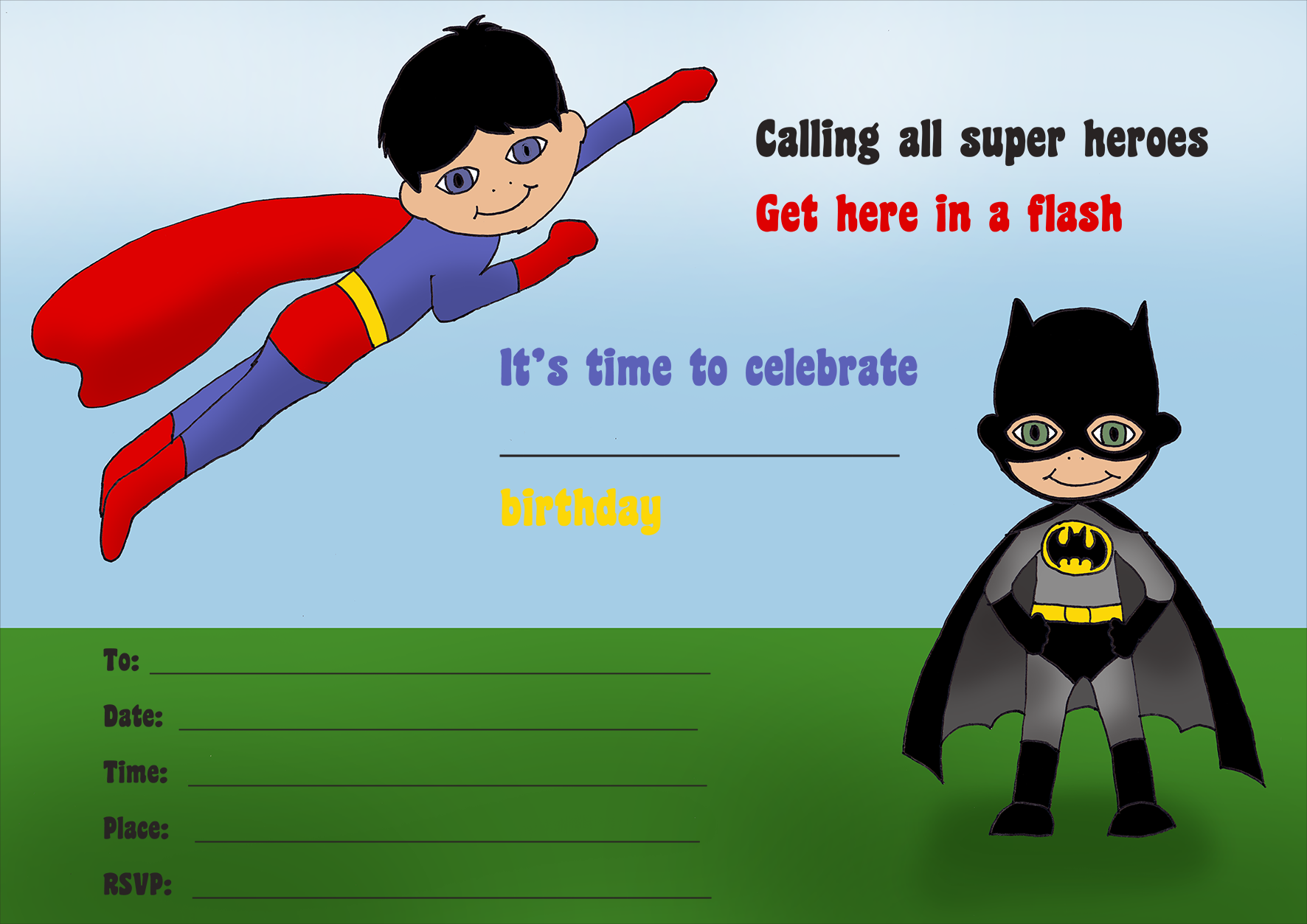 Super hero birthday party invitation for kids to print: superman and batman theme.