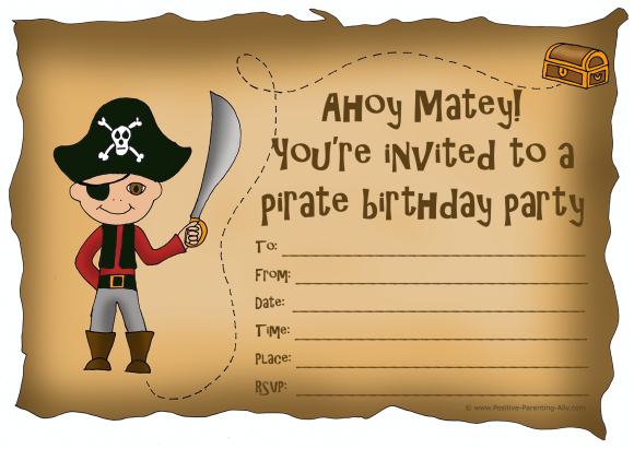Printable pirate birthday party invites with potential treasure hunt.