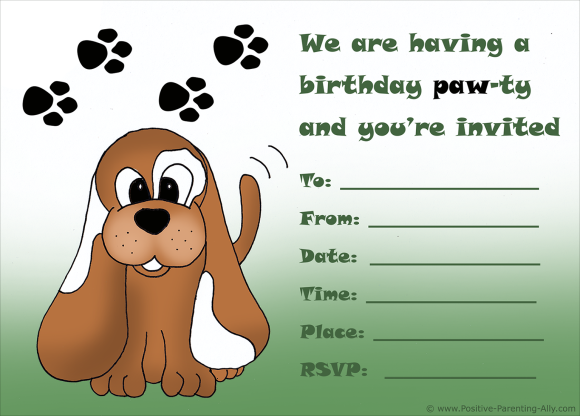 Printable birthday party invitations: Cute puppy and paw prints.
