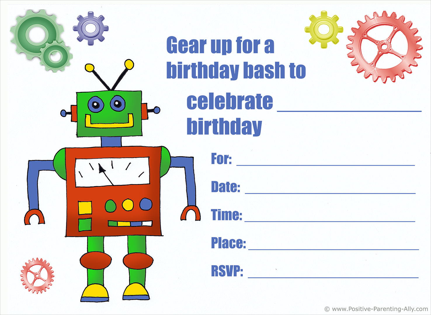 Free printable birthday invite with robot and cog wheels.