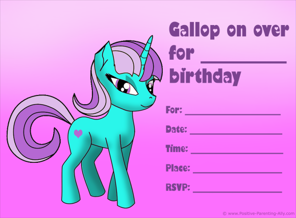 Cute little pony on printable birthday invitation for girls.
