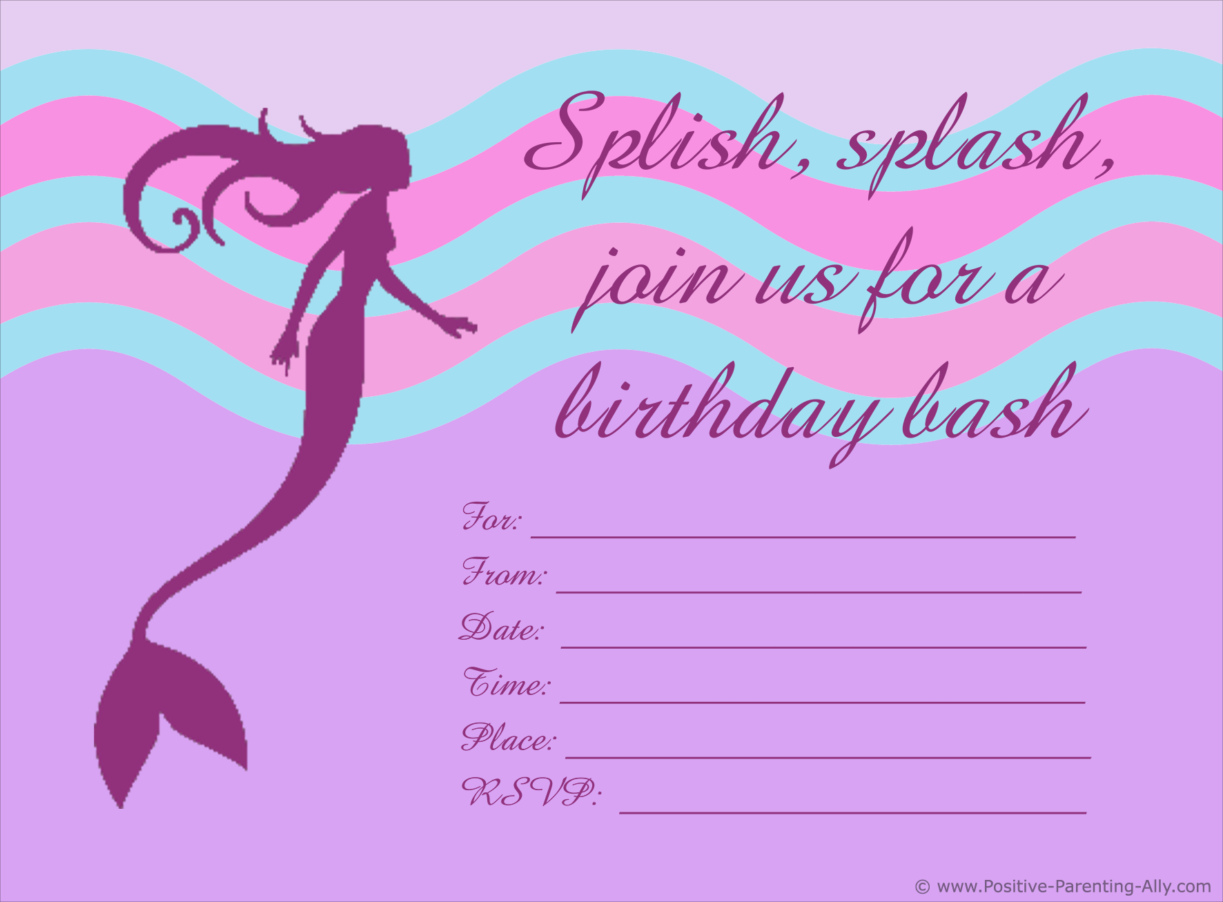 Printable birthday party invitations with a mermaid in pink colors.