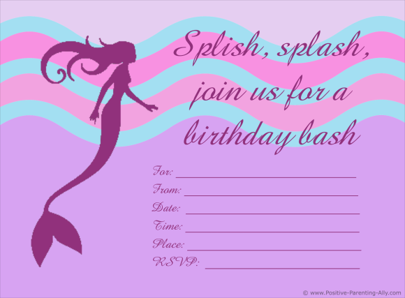 Printable birthday party invitations with a mermaid in pink colors.