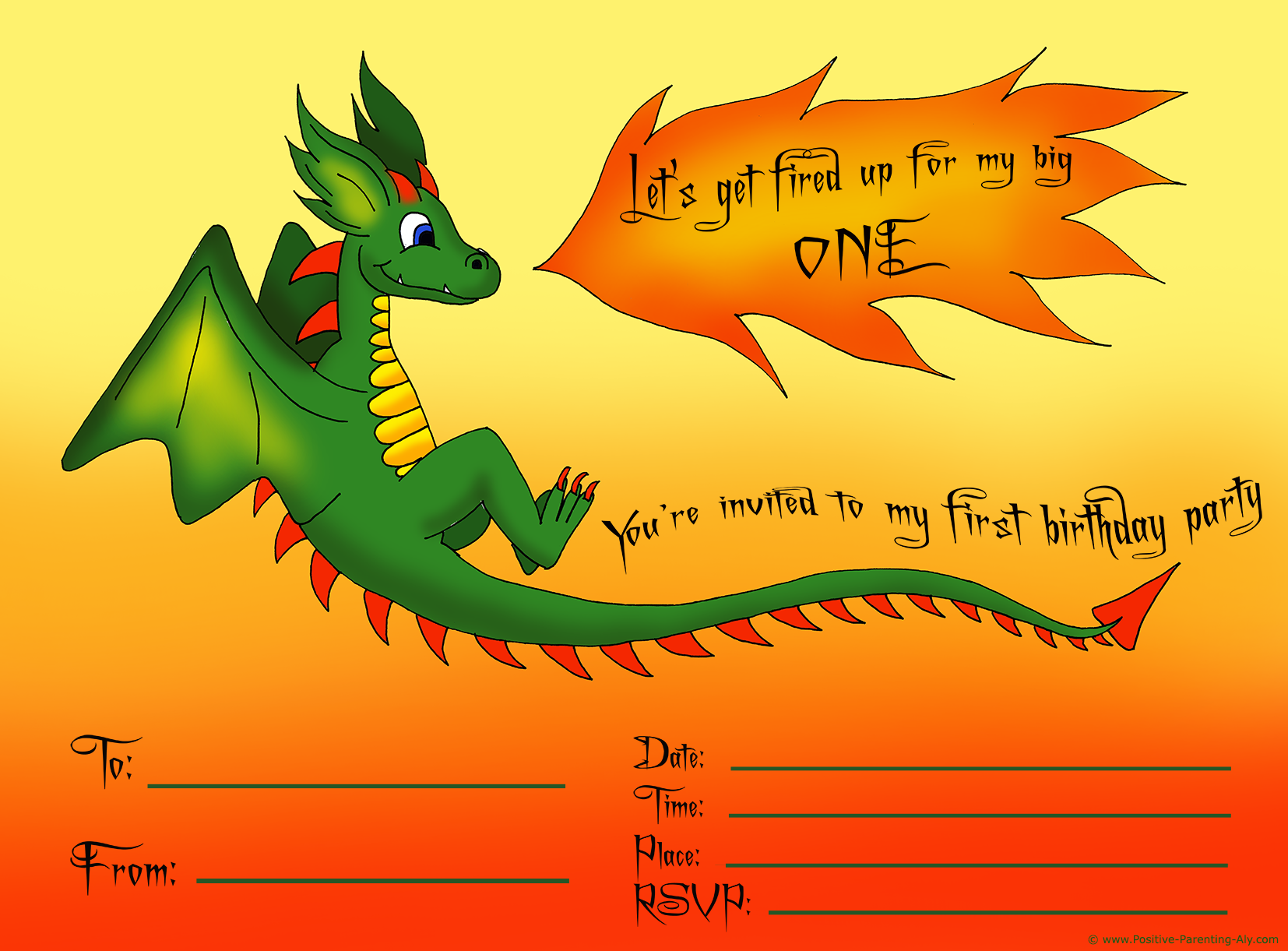 Printable first birthday party invitation for boys. A cute dragon spewing fire.