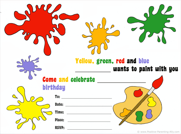 Free birthday invitations: Arts and crafts theme birthday party invite for kids.