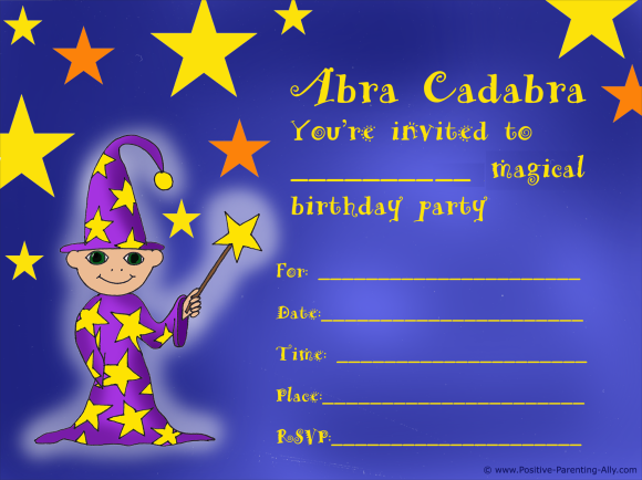 Printable birthday party invitation for kids featuring a wizard.