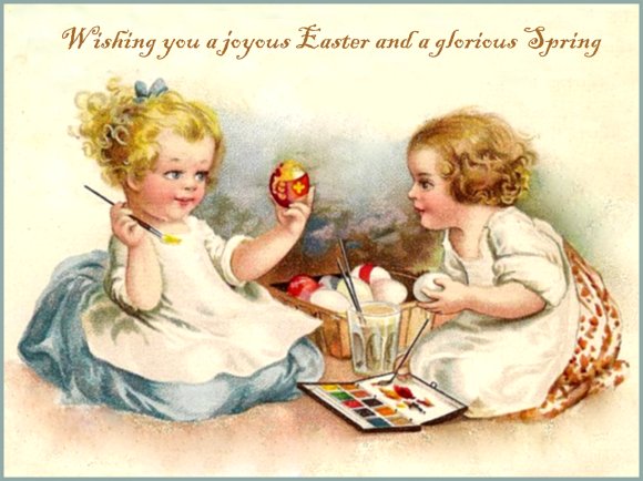 Printable Easter postcard for free with girl painting eggs.