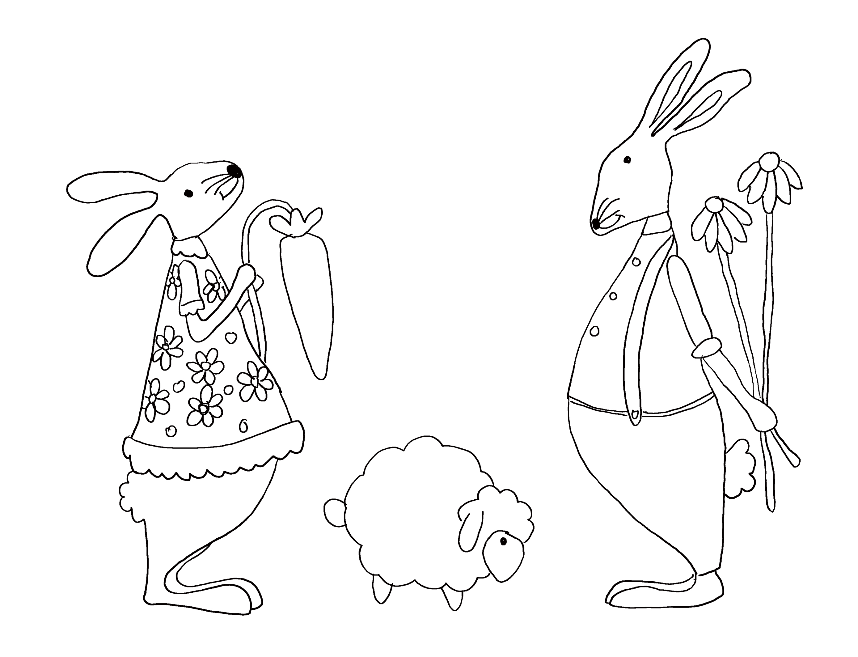 Cute coloring page for Easter with two bunnies and a lamb. 