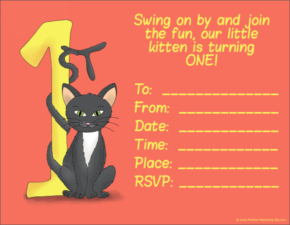 Printable kids birthday party invitation featuring a black cat with its tail around a number 1.