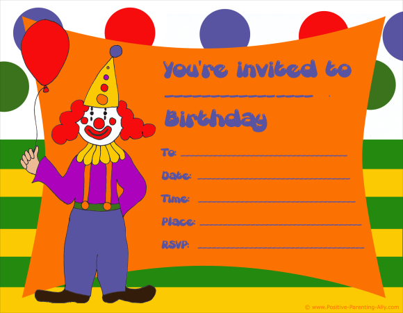 Colorful clown birthday party invitation to print.