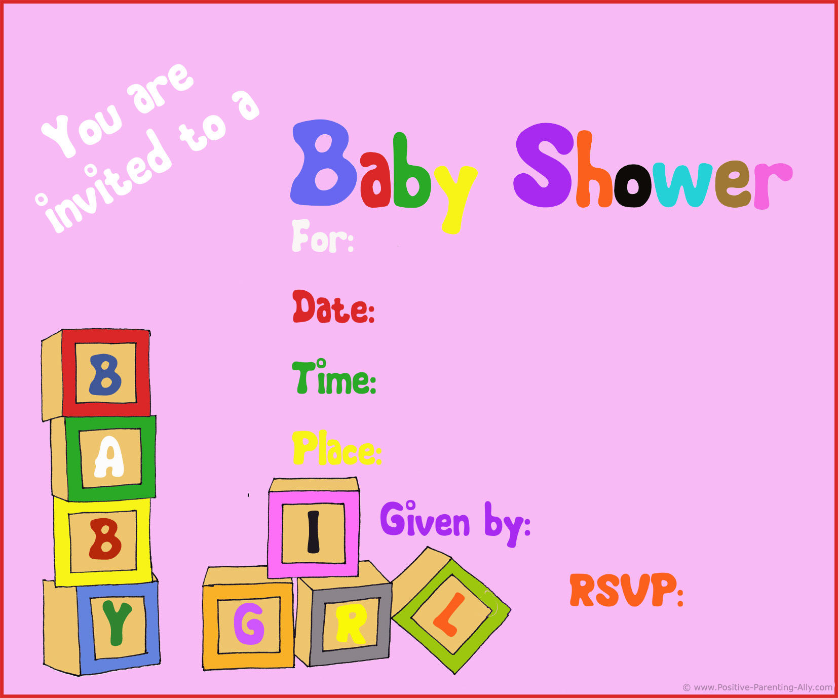 Free girl baby shower invitations with toy blocks