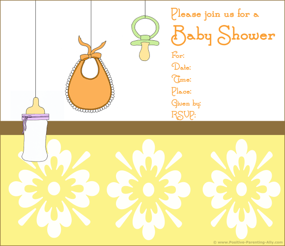 Free printable baby shower invitations with lots of baby gear, pacifier, bib and bottle.