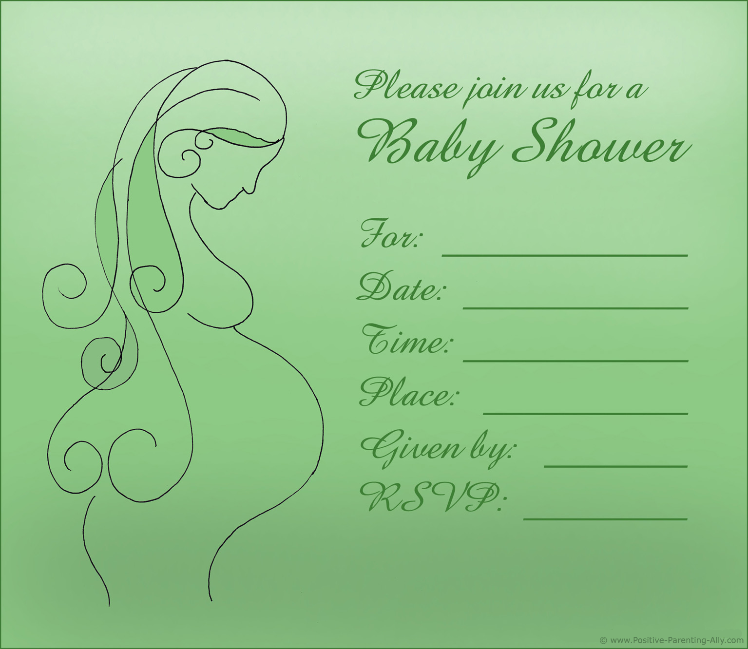 Free baby shower invitation template: Contour or silhouette of pregnant woman on green background.