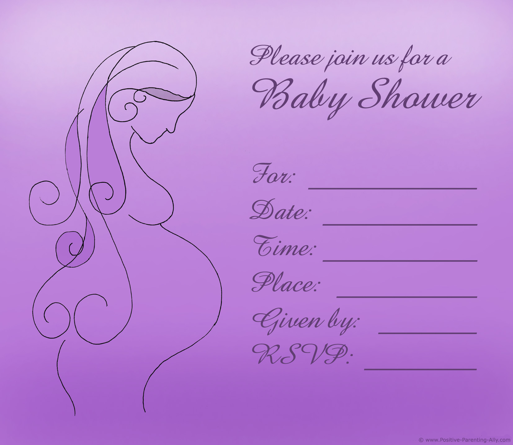 Printable baby shower invitation template with pregnant belly woman contour or silhouette on purple background.
