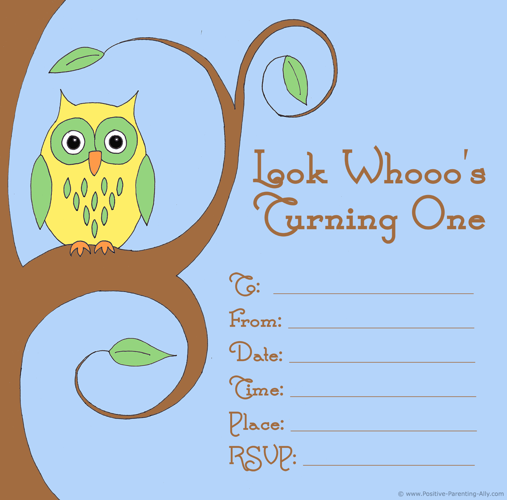 Printable and free first birthday party invitation with colorful owl retro theme.