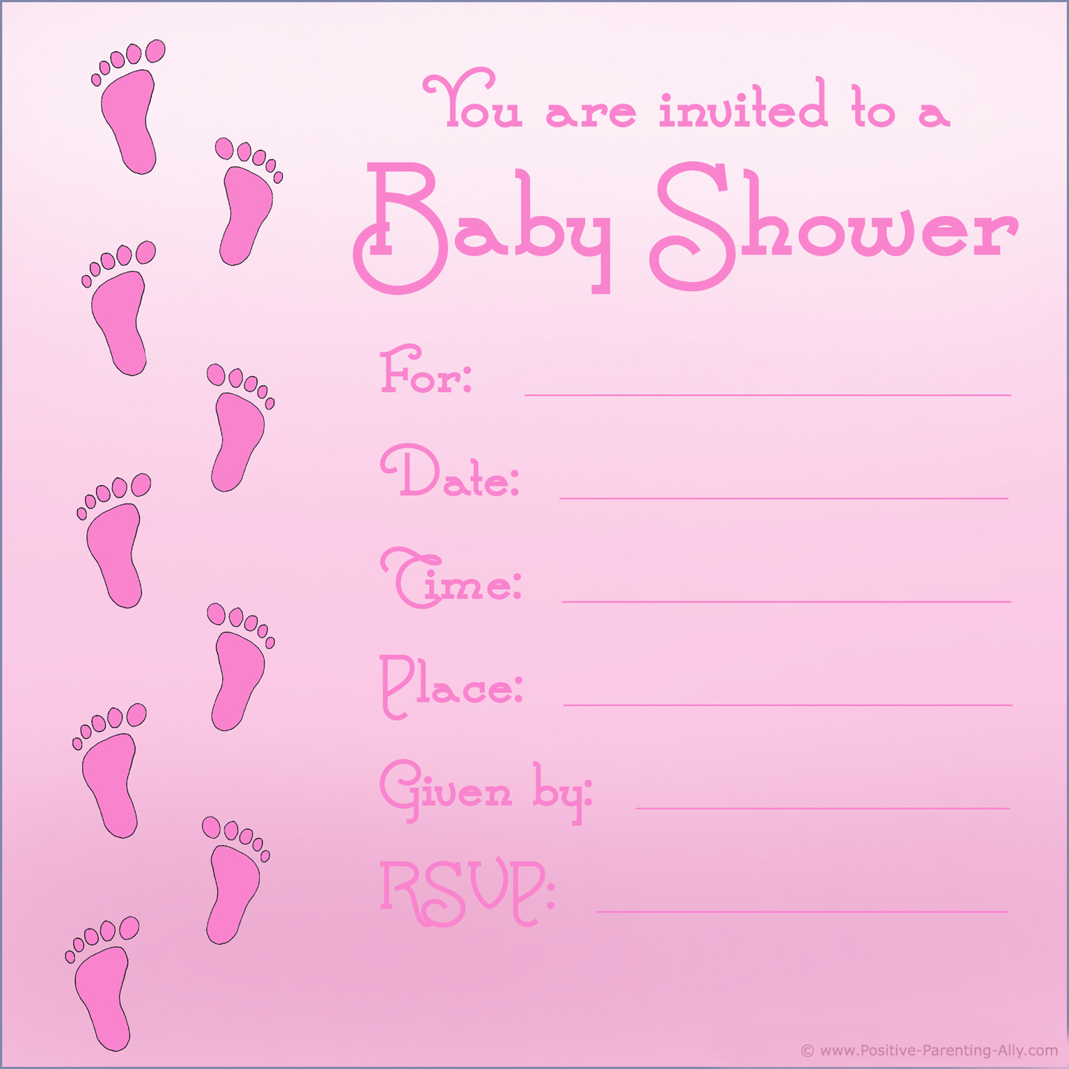 Baby girl shower invitations template with pink footprints.