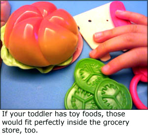 Fun toddler games: Picture of plastic toy food that can be used in the grocery game.