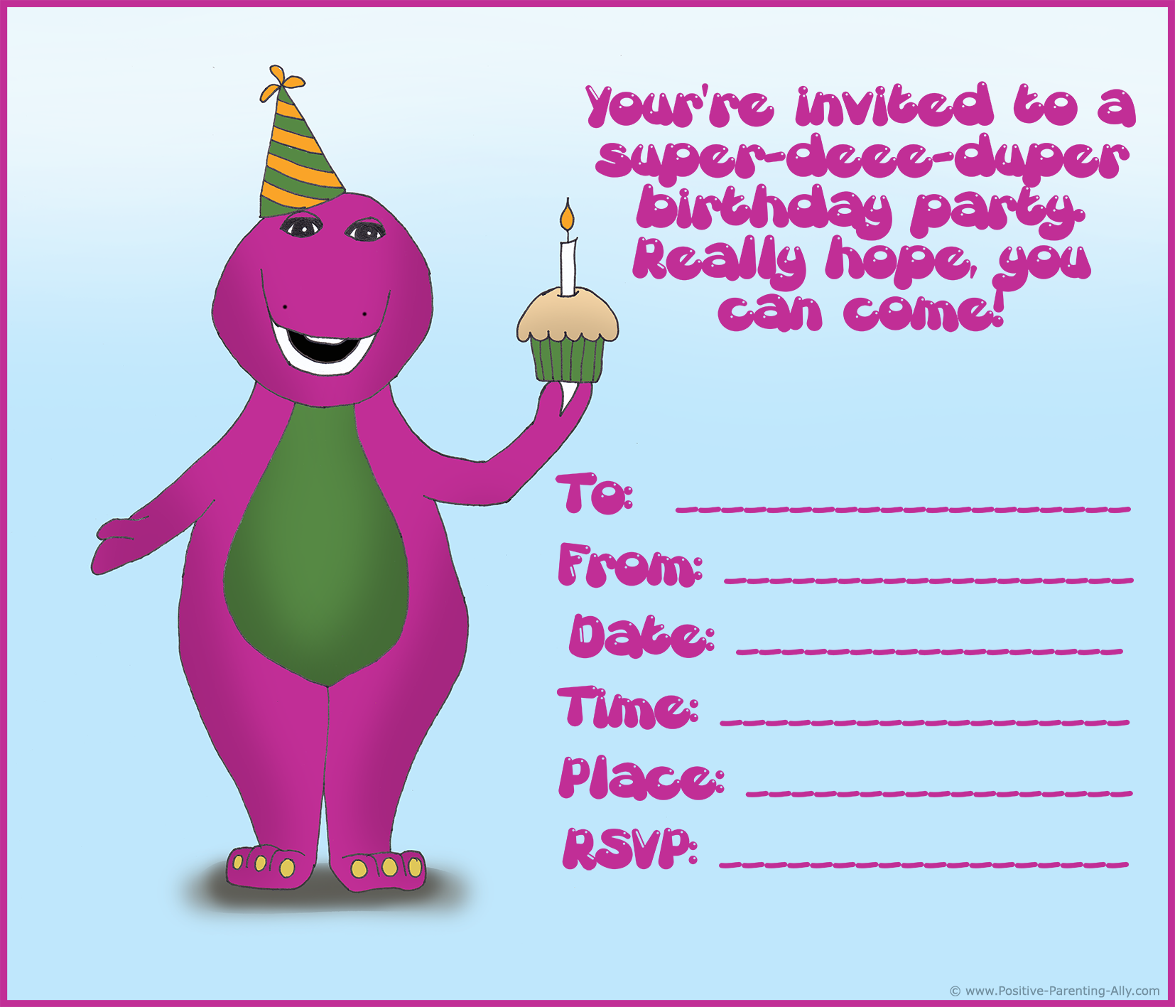 Dinosaur birthday invitation: Barney the Dinosaur birthday invite for kids.